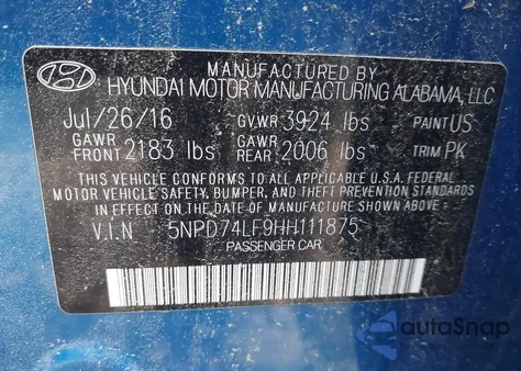 2017 Hyundai Elantra Se z USA, uszkodzony, nr VIN 5NPD74LF9HH111875